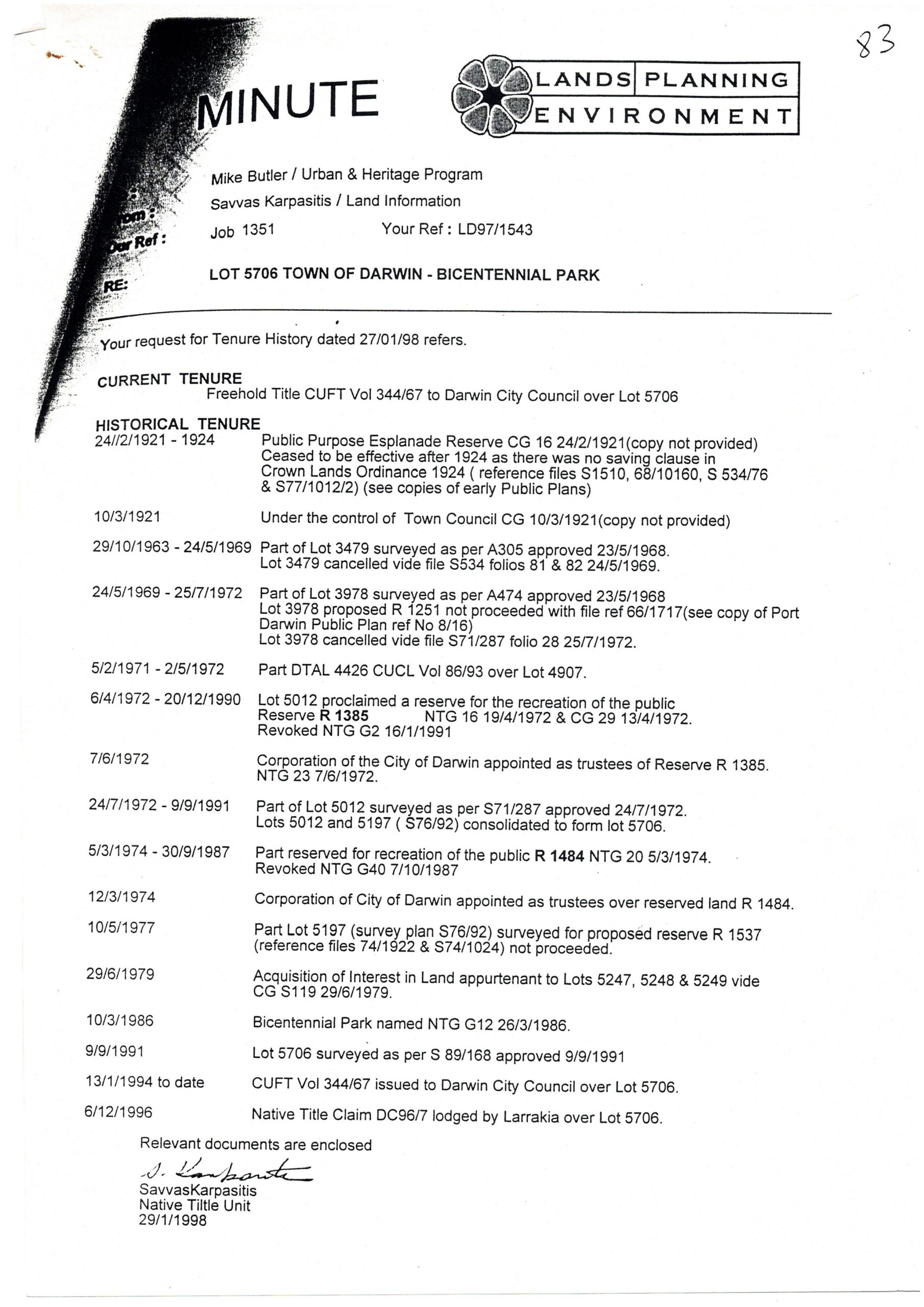 ESP PLA LPE 0001 Bicentennial Park tenure history 1