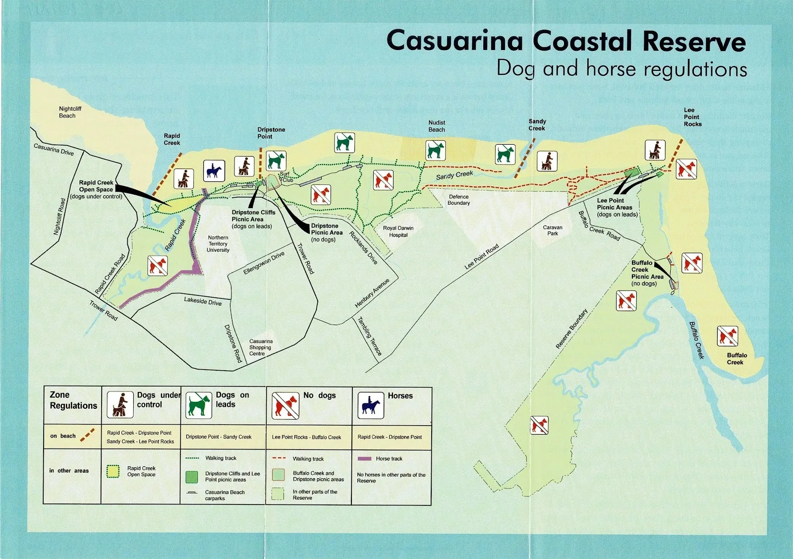 Map of Casuarina Coastal Reserve in Darwin, NT, detailing dog and horse regulation zones along the coast from Nightcliff Beach to Buffalo Creek.