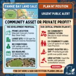 An informational graphic titled "FANNIE BAY LAND SALE" and "PLan NT POSITION," labeled as an "URGENT PUBLIC ALERT" and posing the question "COMMUNITY ASSET OR PRIVATE PROFIT?". The graphic features illustrations of a map snippet and an aerial view of Waratah Oval. It is split into two main sections with bullet points and illustrative icons. The Development Proposal column details: PRIME LOCATION: Waratah Crescent, Fannie Bay (Near Oval). LARGE SITE: 9,150 sqm for Medium Density Residential. NO CONDITIONS: LDC selling with no development controls. EOI DEADLINE: 20 September 2026 (Offers >$5.5M). Our Critical Opinion (PLan NT) column argues: NO COMMUNITY CONSULTATION: Decisions made without local input. EX-COMMUNITY LAND: Loss of space in an Aged Care Precinct. SHORT-SIGHTED SELL-OFF: Prioritizing private profit over public need. URGE ACTION: Halt the tender until genuine consultation occurs. At the bottom, a call to action reads, "FIND OUT MORE & SIGN OUR PETITION: PLANINC.ORG.AU" alongside a "WARNING" button and the PLan NT logo.
